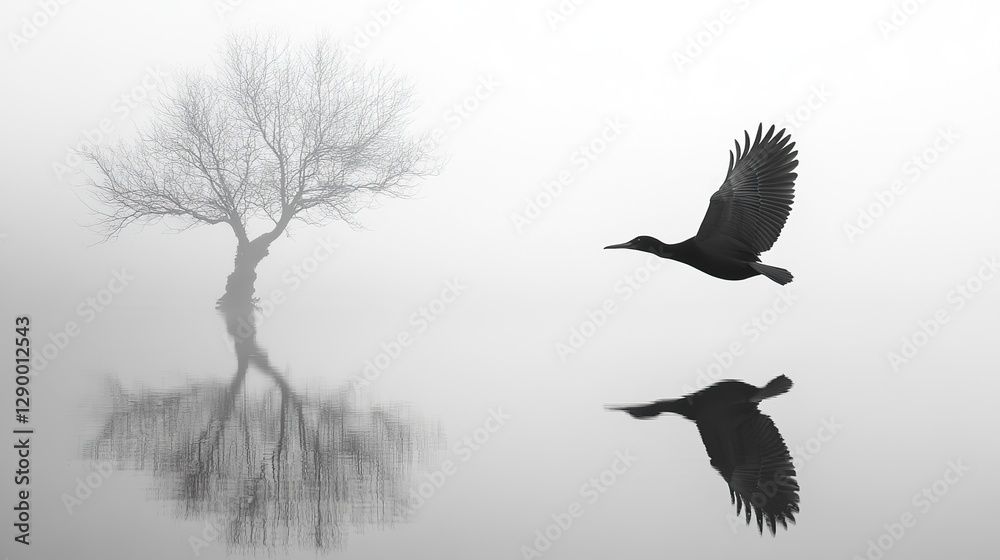 Obraz premium bird in flight over still water with a lone tree branch extending into the frame black and white photo