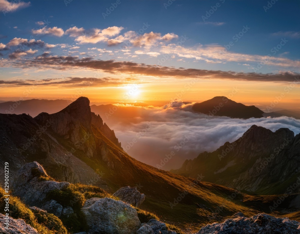 Naklejka premium wide shoot of Sunrise Over Majestic Mountains With Vast Cloudscape Over the Mountains