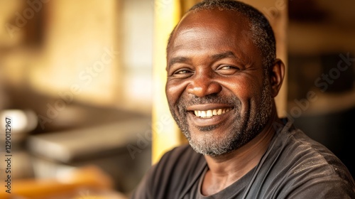 Smiling vendor exudes warmth and friendliness in a cozy kitchen setting.

