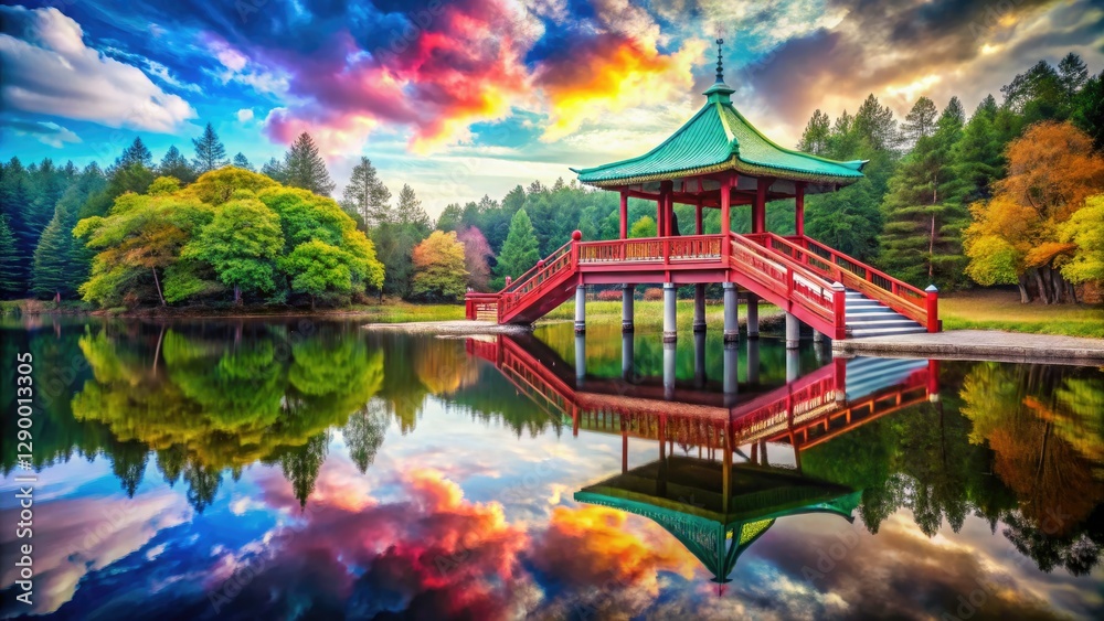 Obraz premium Lakeside Pavilion: Dual architectural perspectives captured in vibrant art film color.