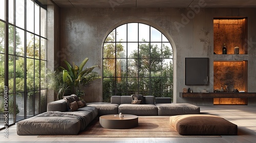brutalist interior design interior of a loft living room with a large window raw materials