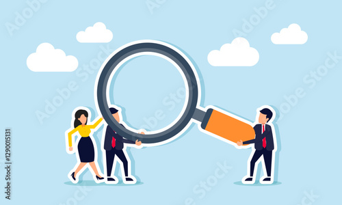 Businesspeople work together to lift a magnifying glass, illustration of teamwork and collaboration in business analysis and evaluation