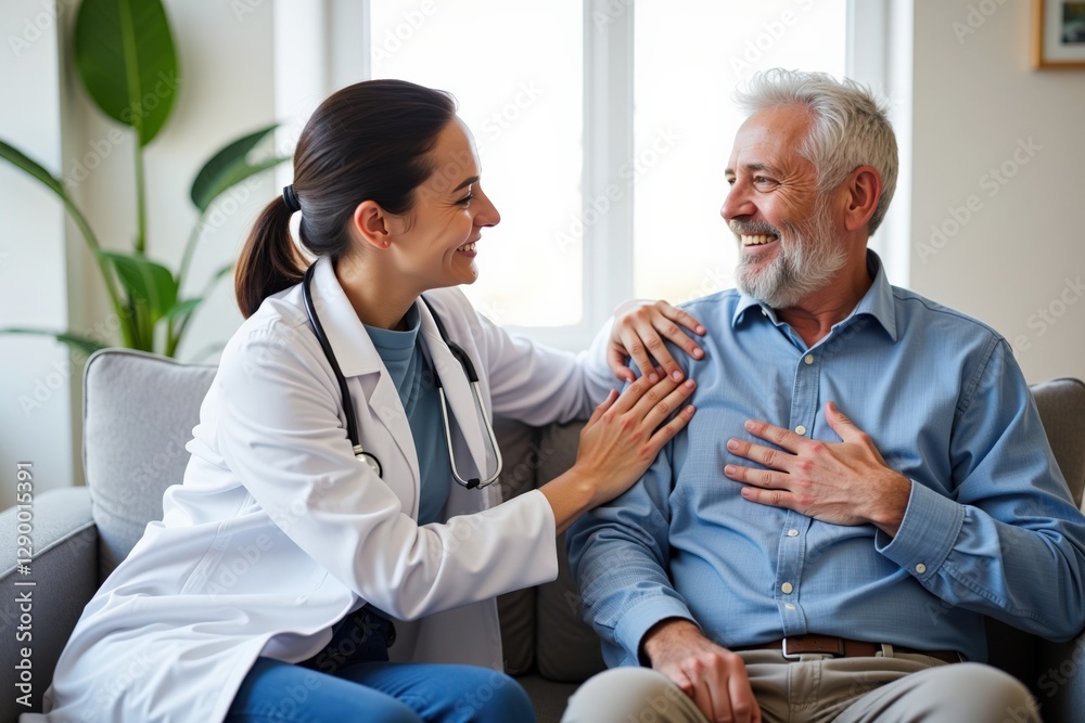 Empathetic Female Doctor Providing Care and Comfort to Elderly Male Patient in Modern Healthcare Setting with Natural Light and Relaxed Atmosphere Empathetic Female Doctor Providing Care and Comfort to Elderly Male Patient in Modern Healthcare Setting with Natural Light and Relaxed Atmosphere