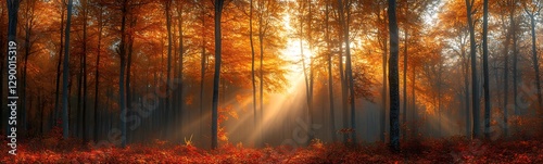 Golden sunlight filters through a serene autumn forest, casting warm hues and enchanting shadows.