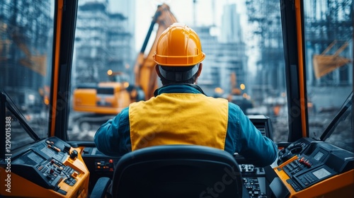 inside a high-tech excavator cabin, wide shot capturing modern digital displays, multiple control joysticks, and ergonomic seating, operator in bright 