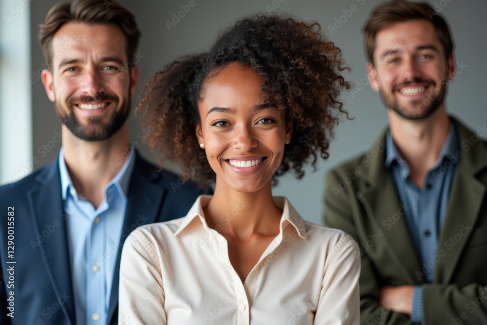 Professional Portrait of a Smiling Mixed-Race Woman in Business Attire with Two Caucasian Men in a Contemporary Office Setting, Emphasizing Diversity and Teamwork Professional Portrait of a Smiling Mixed-Race Woman in Business Attire with Two Caucasian Men in a Contemporary Office Setting, Emphasizing Diversity and Teamwork
