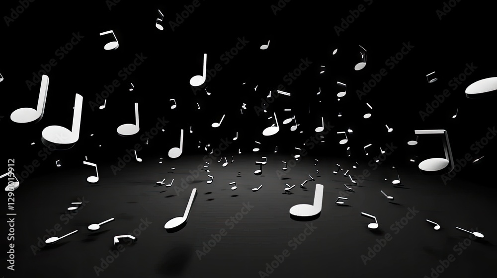 Floating musical notes on dark background; music, audio, rhythm concept; website banner Floating musical notes on dark background; music, audio, rhythm concept; website banner