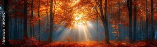 Serene autumn forest with golden leaves and sunlight streaming through the trees.