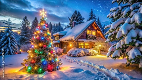 Long exposure captures a snowy house, festively decorated for Christmas and New Year, under a winter sky.