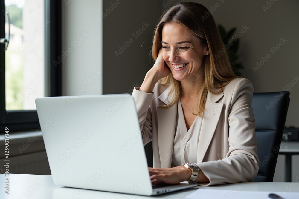 Cheerful Young Woman in Professional Attire Working on Laptop at Modern Office Desk with Natural Light and Green Indoor Plants Cheerful Young Woman in Professional Attire Working on Laptop at Modern Office Desk with Natural Light and Green Indoor Plants