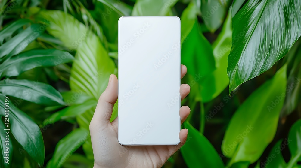 Close-up view of a modern smartphone surrounded by lush greenery conceptual photography Close-up view of a modern smartphone surrounded by lush greenery conceptual photography