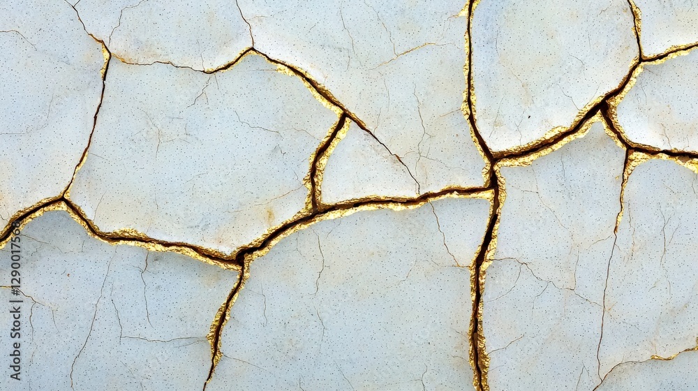 Obraz premium Kintsugi-inspired Japanese white marble flooring with fragmented golden cracks forming an organic abstract pattern