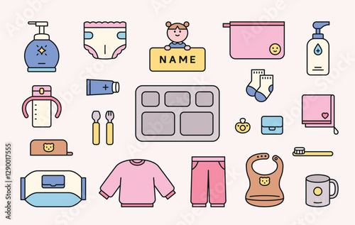 Set of baby care essentials including clothing, diapers, feeding items, and hygiene products. Cute flat vector icons for childcare and parenting.