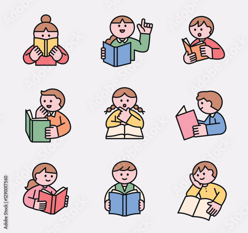 Cute children reading books with different expressions and emotions. Flat vector illustration of kids studying, learning, and enjoying reading time.