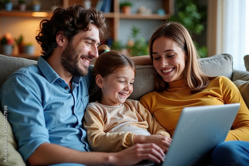 A Happy Family of Three Enjoying Quality Time Together at Home: Parents and Their Young Daughter Engaged with a Laptop in a Cozy Living Room Setting A Happy Family of Three Enjoying Quality Time Together at Home: Parents and Their Young Daughter Engaged with a Laptop in a Cozy Living Room Setting