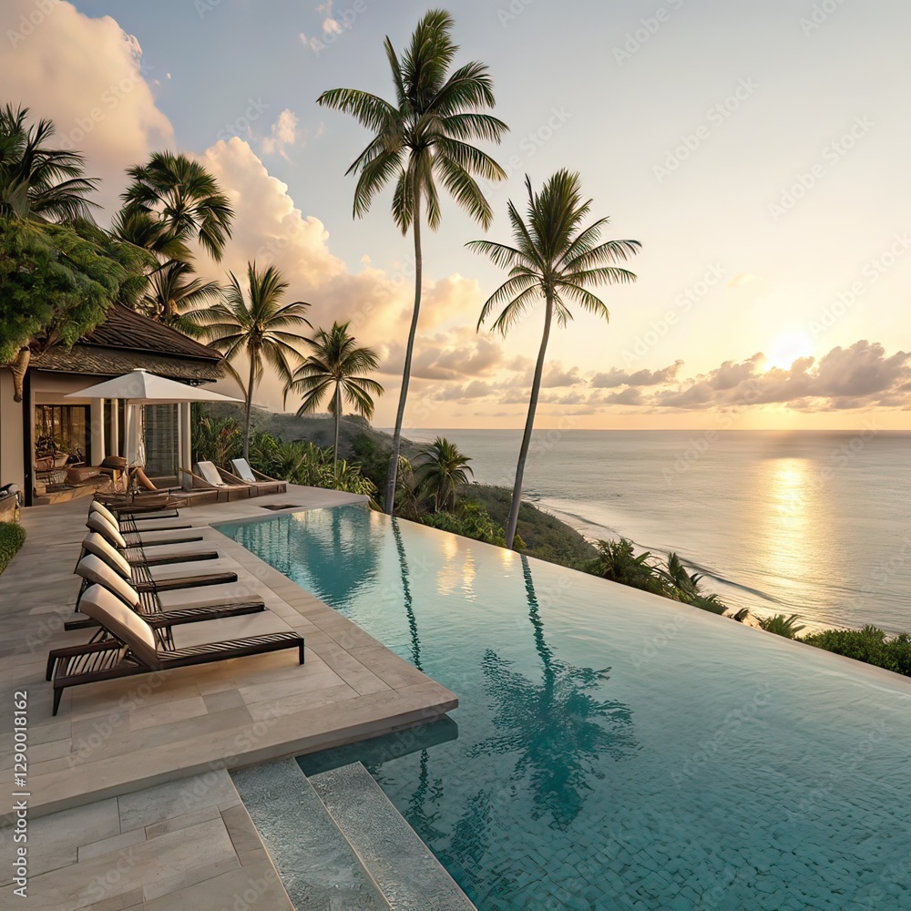 Fototapeta premium Tranquil Beachfront Resort with Palm Trees, Infinity Pool, and Sunset View