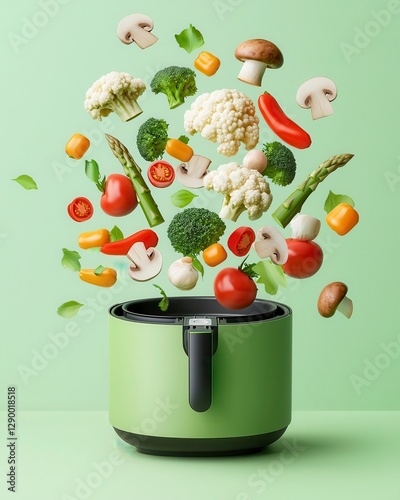 Air fryer recipes vegetables, Fresh vegetables burst from a green pot against a mint backdrop, highlighting healthy cooking and vibrant colors.