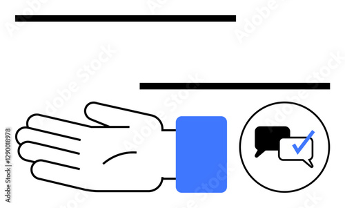 Open hand with a blue cuff, black horizontal lines above and below, and a speech bubble icon with a checkmark. Ideal for communication, agreement, connection, interaction, approval, dialogue