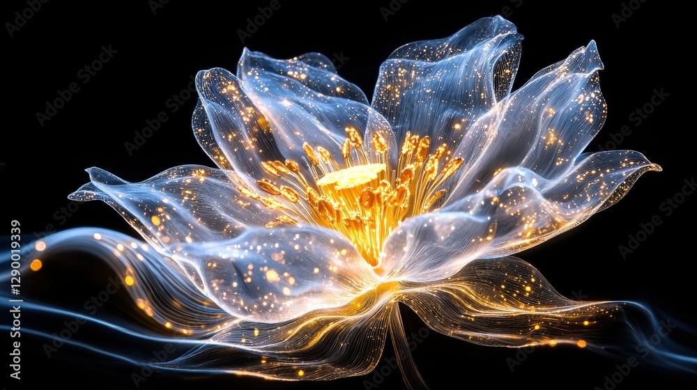 Naklejka premium Ethereal Glowing Flower with Shimmering Petals Radiating Mesmerizing Celestial Light A captivating abstract image featuring a magical otherworldly floral form illuminated by a brilliant