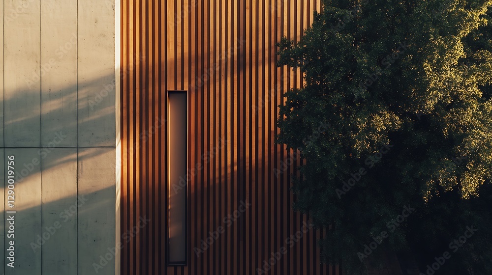 Obraz premium Modern Architecture with Wooden Facade Concrete Wall and Tree