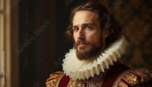 Renaissance style portrait of man with beard, wavy hair. White ruff collar. Historical fashion, rich burgundy gold embroidered costume. Theater actor. Shakespeare character, drama play concept.