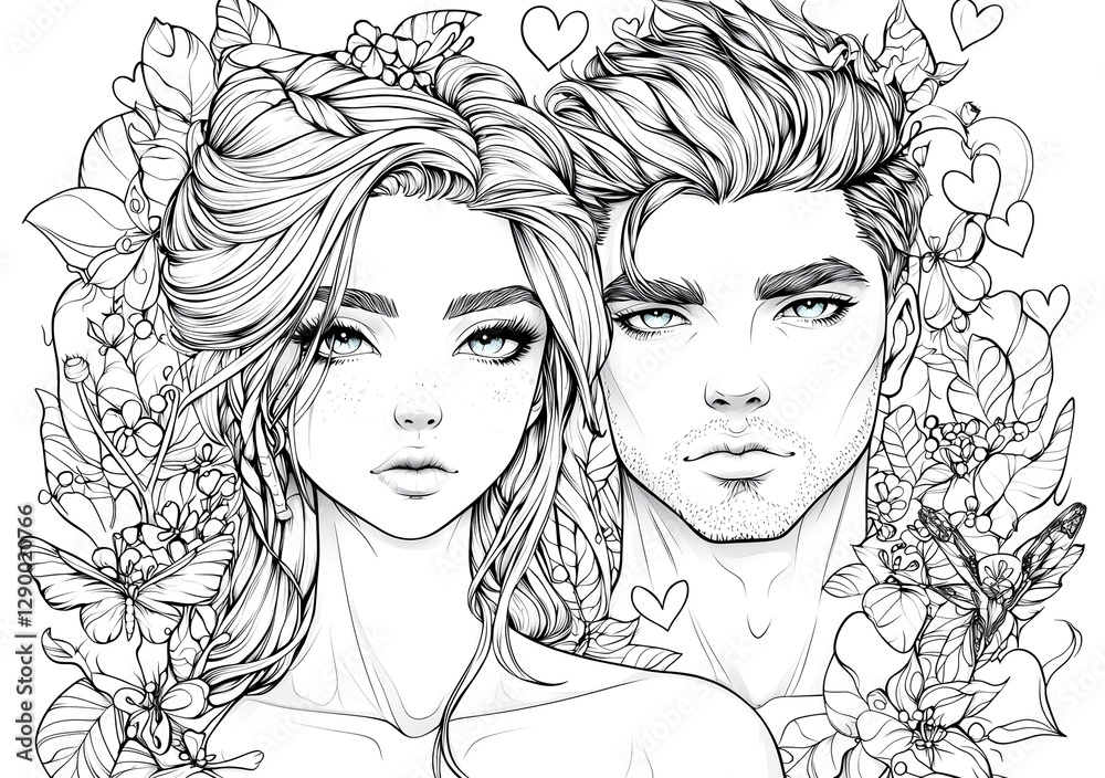 A coloring page of an attractive couple with beautiful hair, surrounded by flowers and hearts. Clean line art style, no shading, highly detailed sketchy drawing.