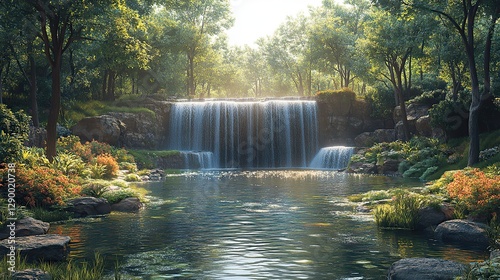 creation genesis god planted a garden in a place called eden garden with a harmonious blend of greenery waterfalls and calm river on a sunny day