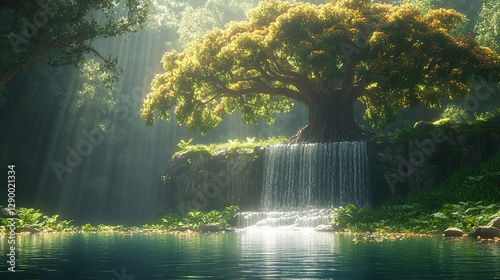 creation genesis god planted a garden in a place called eden serene and verdant landscape featuring a majestic tree flowing water and abundant greenery