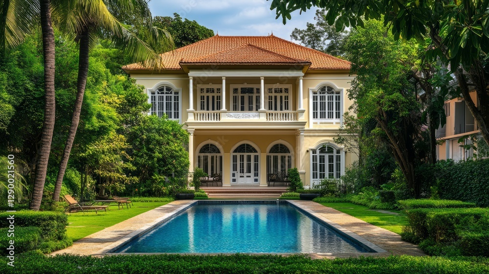 Luxury Villa With Pool Surrounded By Lush Tropical Greenery, Perfect For A Tranquil Getaway. Luxury Villa With Pool Surrounded By Lush Tropical Greenery, Perfect For A Tranquil Getaway.