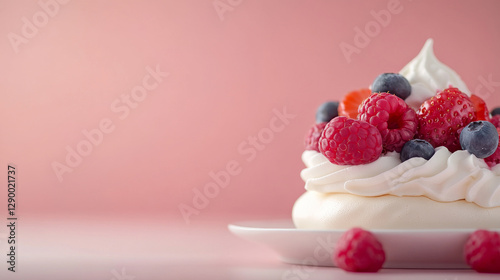 Berry Delight: A luscious pavlova, crowned with a vibrant assortment of fresh berries and a swirl of whipped cream, rests on a pristine white plate, set against a soft background.