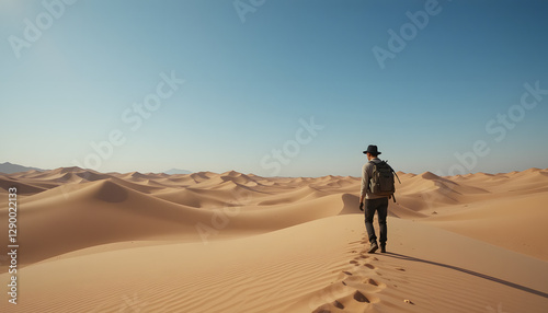Adventurer exploring desert sands with backpack sahara travel photography open landscape wide angle discovery