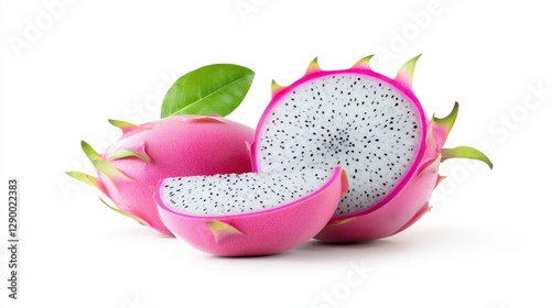 Closeup of fresh dragon fruit with vibrant green leaves on a sunny day fresh