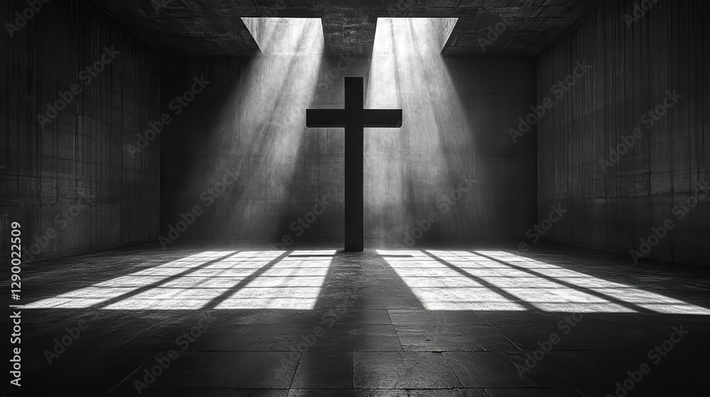 Naklejka premium cross in a dark room with lights filtering on the wall black and white image