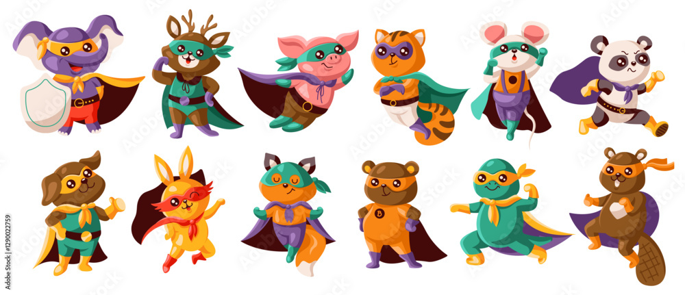 Vibrant illustration showcasing various cartoon animals like elephant and panda dressed as superheroes in colorful costumes with capes and masks ready for adventure Vibrant illustration showcasing various cartoon animals like elephant and panda dressed as superheroes in colorful costumes with capes and masks ready for adventure
