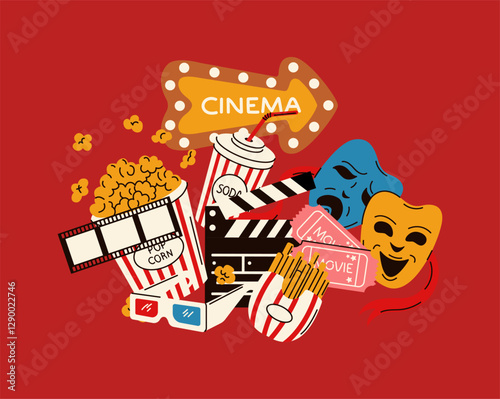 Illustration of a classic director’s chair, megaphone, film tickets, and red carpet setup, representing filmmaking and directing, drawn in a stylish vector style.