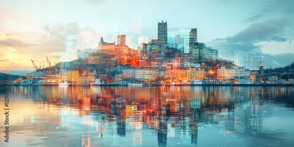 Fototapeta premium Striking cityscape features vibrant colors reflected upon the water surface