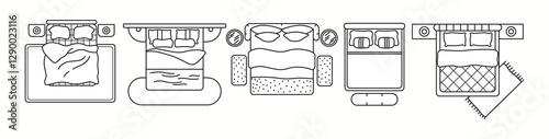 Vector illustration showcasing different bed designs in top view. A great resource for architects, interior designers, and bedroom layout planning.
