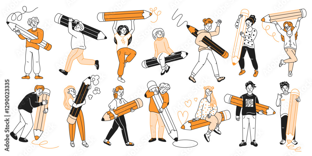 Copywriters designers artists with pencils color linear icons collection. People with creative jobs doodle characters on white background