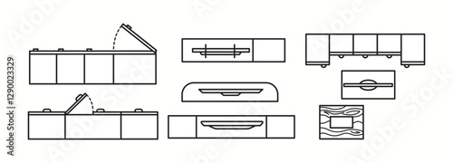 Vector illustration showcasing different modular storage and cabinet designs in top view. Ideal for furniture planning, home organization, and interior layouts.