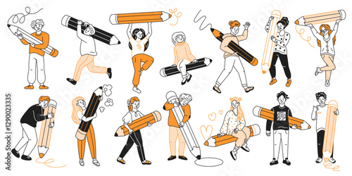 Copywriters designers artists with pencils color linear icons collection. People with creative jobs doodle characters on white background
