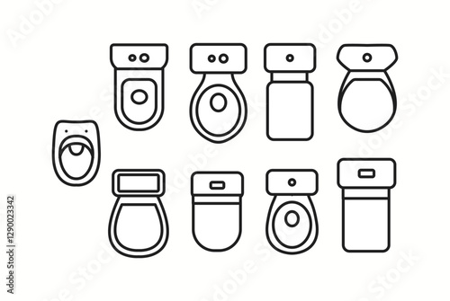 Vector illustration of different toilet and urinal designs in top view. Ideal for bathroom planning, interior design, and architectural layouts.