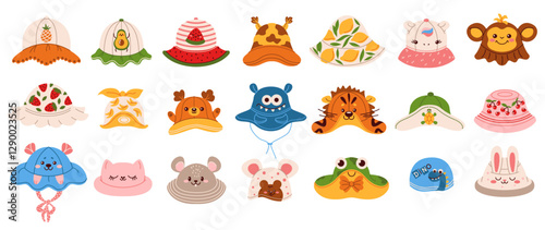 Wallpaper Mural Illustration featuring a variety of adorable children's bucket hats with different fruit, animal, and playful designs, perfect for summer fashion. Torontodigital.ca