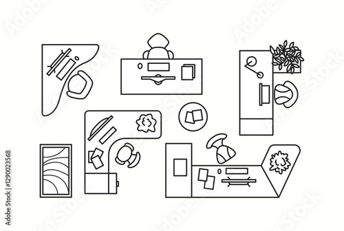 Vector illustration of different office desks with workspace elements, seen from a top-down view. Ideal for corporate interior planning and home office setups.