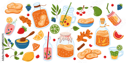 Illustration featuring a variety of kombucha drinks, ingredients like ginger, honey, citrus, and berries. A vibrant depiction of healthy probiotic beverages.