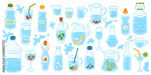 Illustration of different water containers including bottles, pitchers, glasses, and jugs, emphasizing hydration and fresh drinking water.
