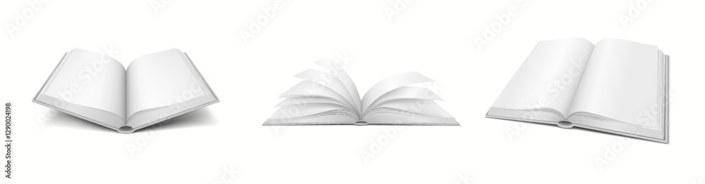 Realistic 3D mockup of a blank book with turning pages, ideal for showcasing books with dynamic elements. Realistic 3D mockup of a blank book with turning pages, ideal for showcasing books with dynamic elements.