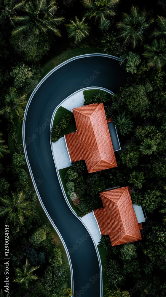 Aerial view of a secluded area with two red-tiled roof buildings surrounded by lush greenery, featuring a winding road and tropical vegetation Aerial view of a secluded area with two red-tiled roof buildings surrounded by lush greenery, featuring a winding road and tropical vegetation