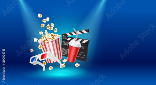 Copy space banner. 3D realistic illustration of cinema objects, including popcorn, soda cup, 3D glasses, and a clapperboard, floating in a spotlight-lit blue environment.