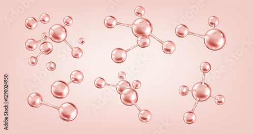 Collagen molecules with glossy effect realistic color icons set. Scientific elegant composition for beauty 3d objects bundle on pink