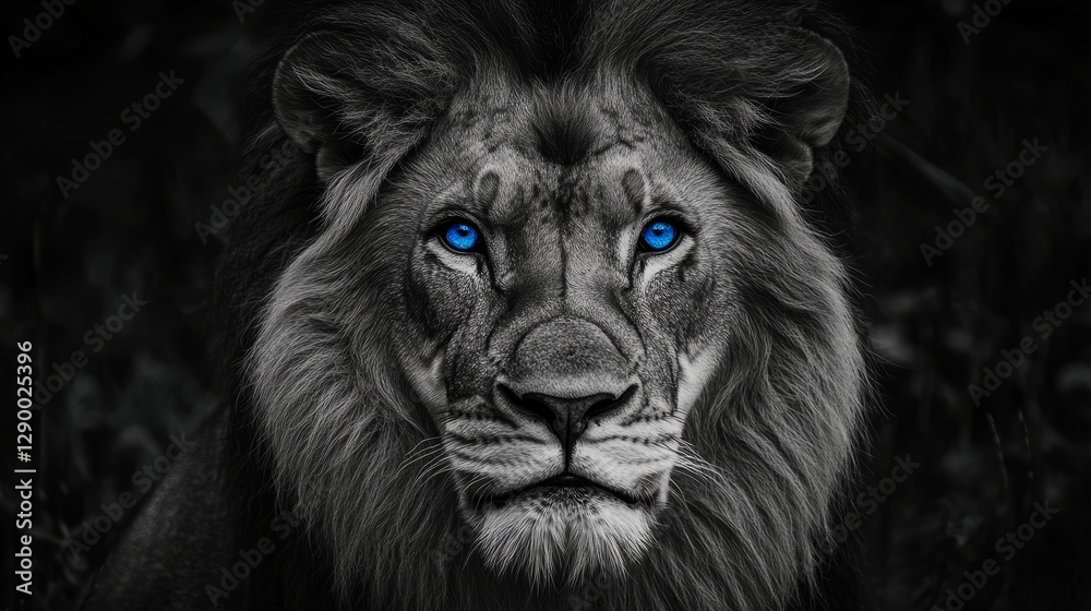 Fototapeta premium Majestic lion with blue eyes, intense gaze, dramatic lighting, raw power and grace.